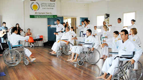 Sensei Yamaguchi from Japan, a 6th Dan Black Belt, takes members of the Gympie JKS Karate Club through their paces during a three day seminar. The Gympie club now offers a special program allowing disabled people in wheelchairs to learn karate in a safe and supportive environment. Sensei Yamaguchi from Japan, a 6th Dan Black Belt, takes members of the Gympie JKS Karate Club through their paces during a three day seminar. The Gympie club now offers a special program allowing disabled people in wheelchairs to learn karate in a safe and supportive environment.